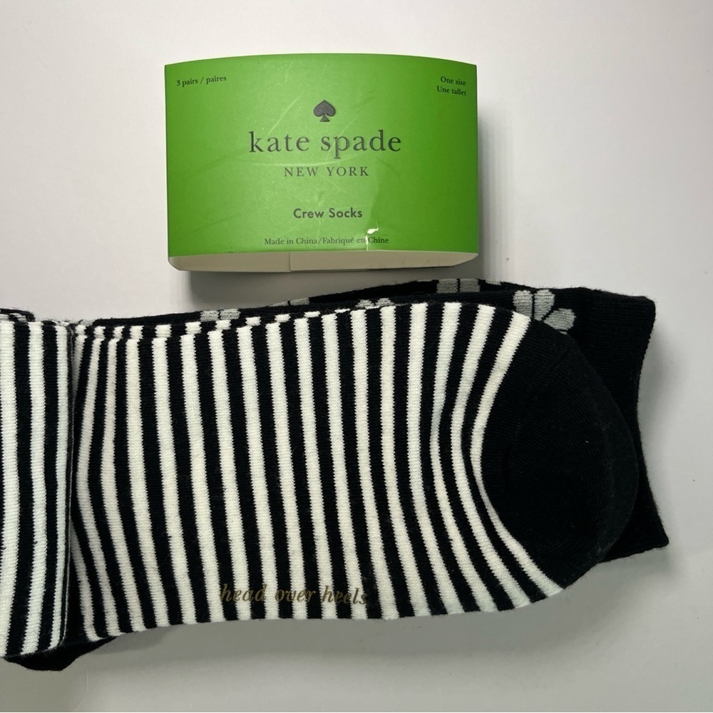 NWT Kate Spade Crew Socks 3 Pack One Size 4-10 Black White Striped Flower Animal - Picture 7 of 8